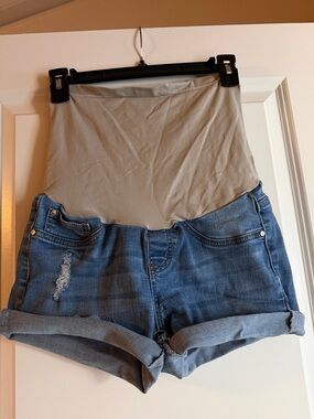 Velvet Maternity Jean Shorts with Gray Stretch Panel